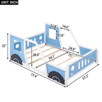 Full Size Classic Car-Shaped Platform Bed with Wheels,Blue