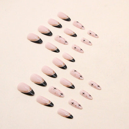 Sweet cool black French flash gold powder almond nails European and American fake nails removable nail pieces