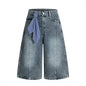 Punk Washed Distressed Denim Shorts Men's Summer Plaid Belted Contrast Pocket Loose Wide-Leg Three-Quarter Pants