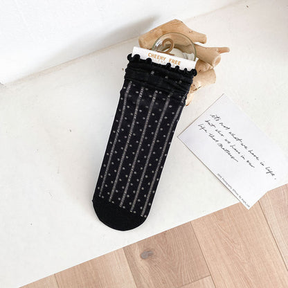 1 pair of socks for women summer thin black middle tube socks Japanese lace ballet style socks mesh breathable pile socks