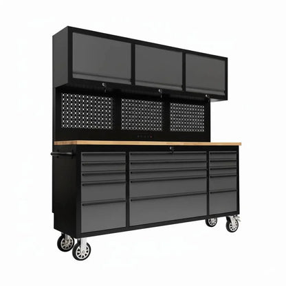 72 inch Rolling Tool Chest with Power Strip, Workbench, Upper Cabinets & Pegboard