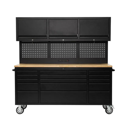 72 inch Rolling Tool Chest with Power Strip, Workbench, Upper Cabinets & Pegboard