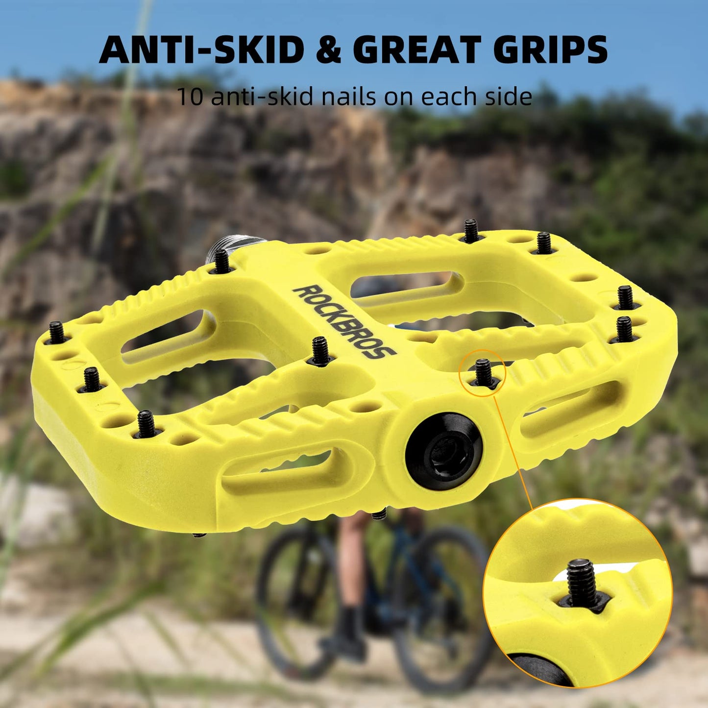 ROCKBROS Mountain Bike Pedals Nylon Composite Bearing 9/16" MTB Bicycle Pedals with Wide Flat Platform