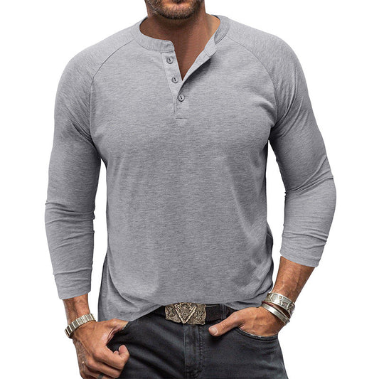 Mens Round Neck Henry Solid Color Long Sleeve T shirt