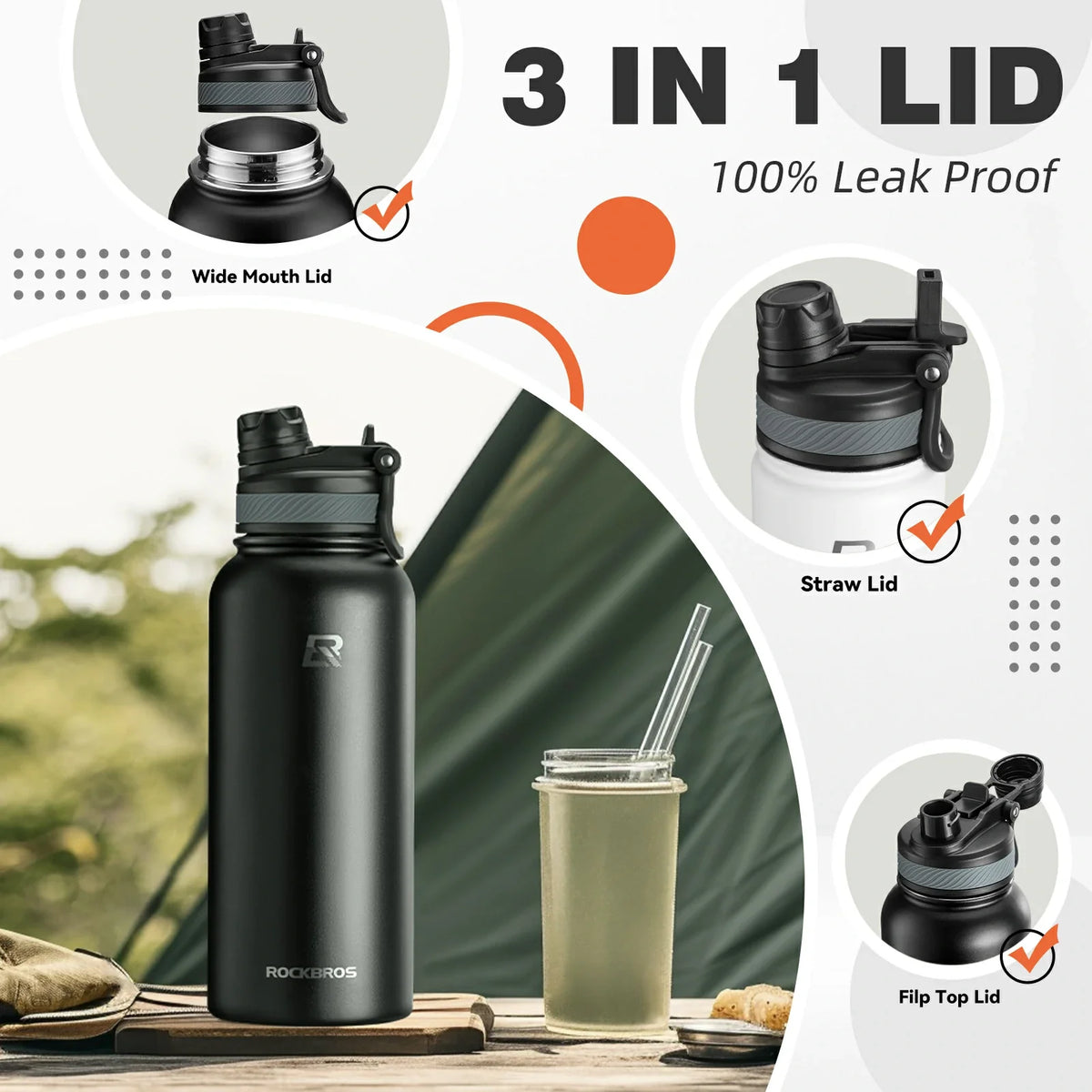 ROCKBROS Stainless Steel Insulated Water Bottle with Straw