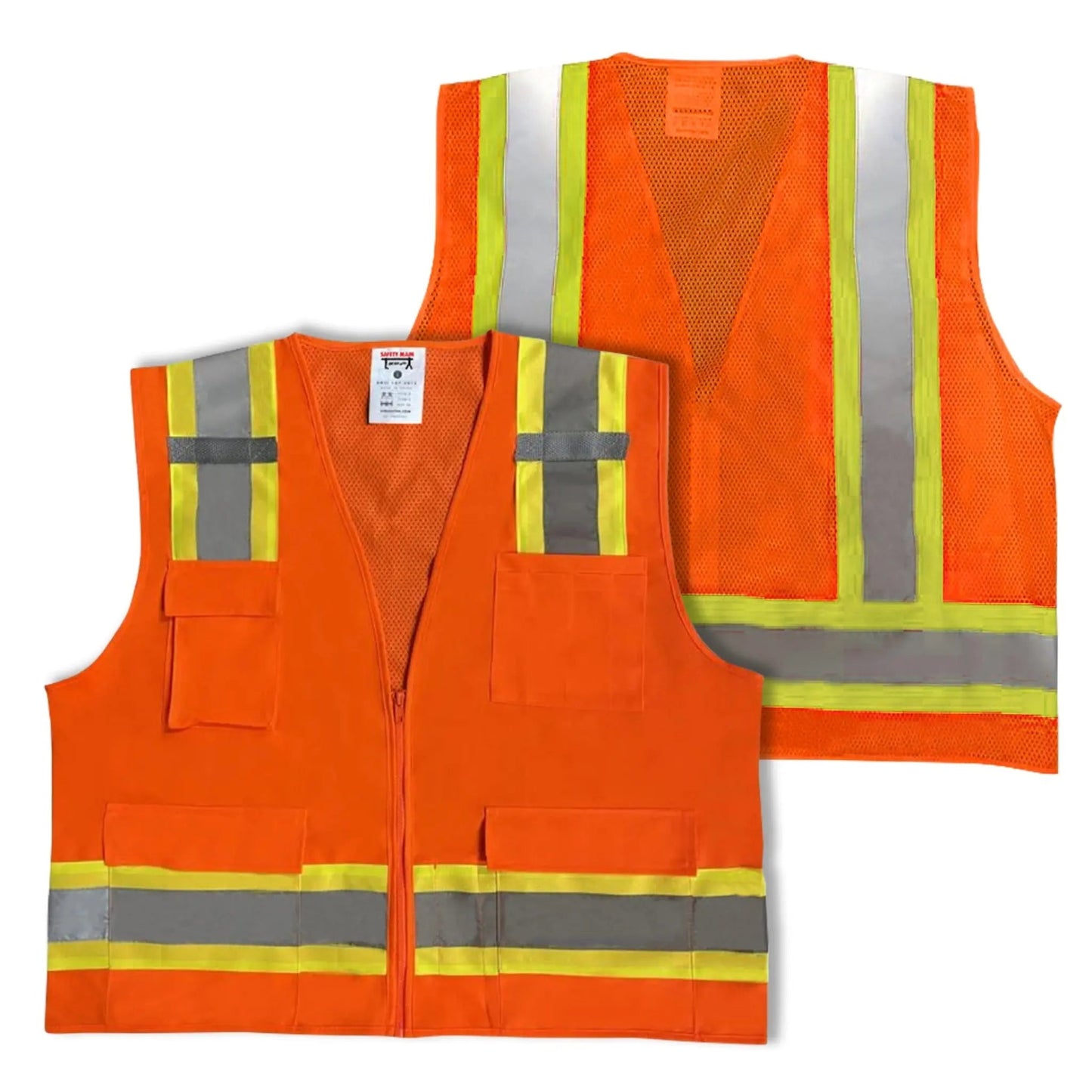 Safety Main 05TTSOZ Surveyor Vest, Class 2, Solid Front, Mesh Back, Hi-Vis Orange, Pack of 3