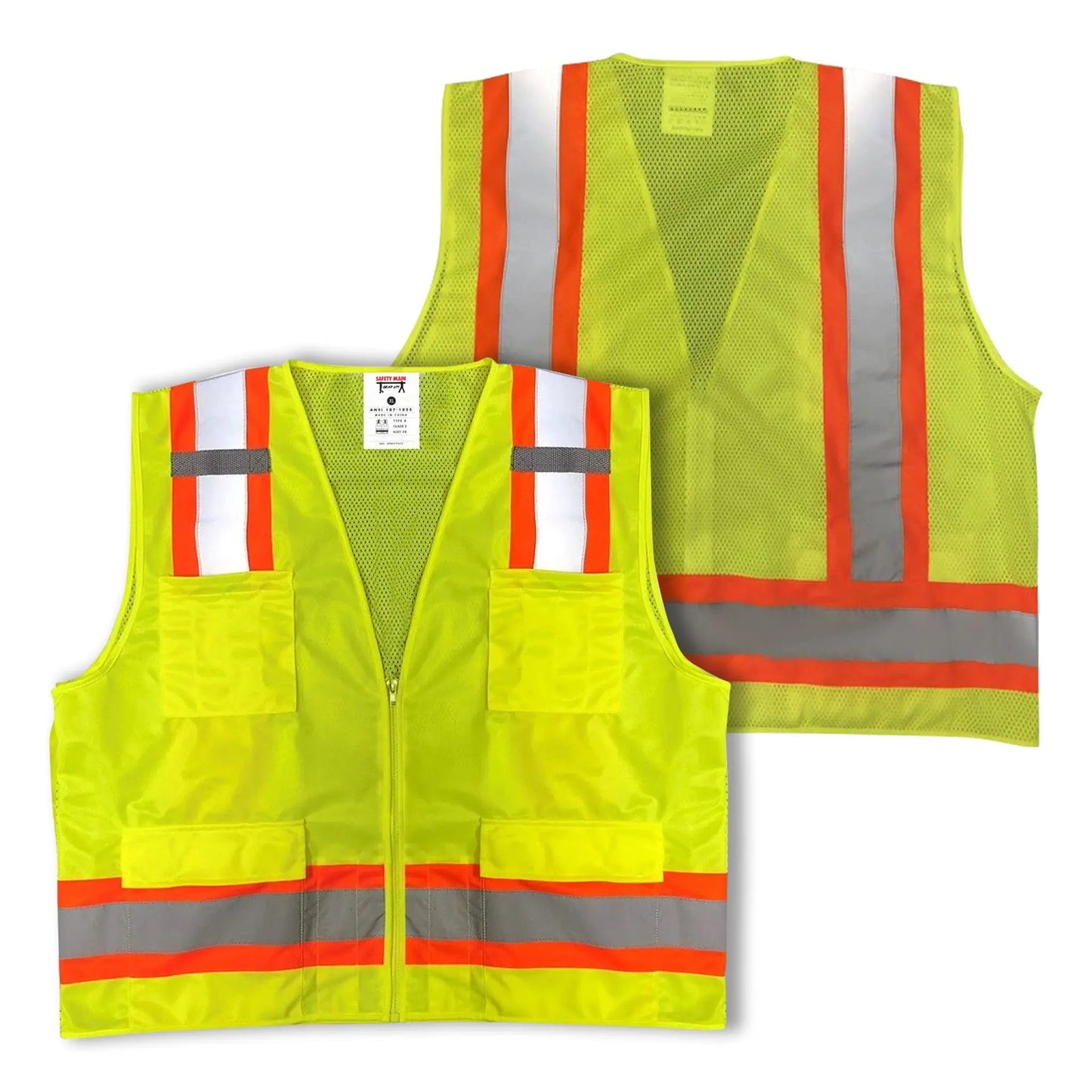 Safety Main 05TTSYZ Surveyor Vest, Class 2, Solid Front, Mesh Back, Hi-Vis Yellow, Pack of 5