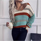 Women's French Vintage Striped Sweater | V-Neck Long Sleeve Stretch Knit Top