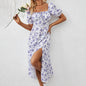 Square Neck Floral Print Dress With Puff Sleeves & Side Slit Maxi Dress