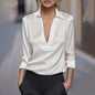 Elegant Women's V-Neck Long Sleeve Blouse With Satin Sheen Formal Shirt