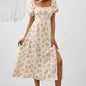 Square Neck Floral Print Dress With Puff Sleeves & Side Slit Maxi Dress