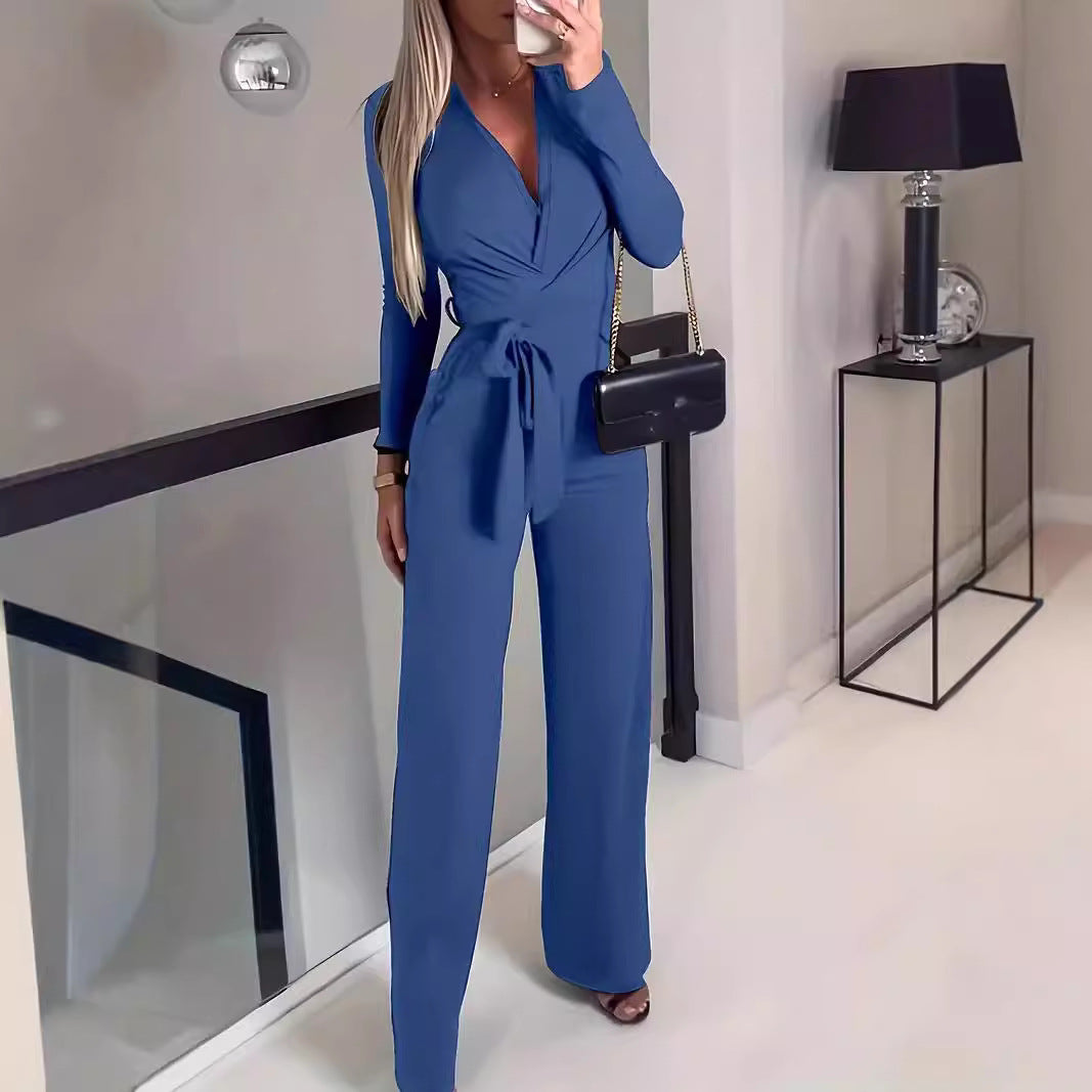 Ladies' Fashionable Slim Fit Sexy V-neck Long Sleeved Slimming Jumpsuit