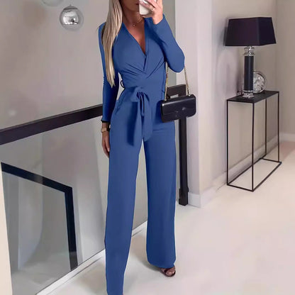 Ladies' Fashionable Slim Fit Sexy V-neck Long Sleeved Slimming Jumpsuit