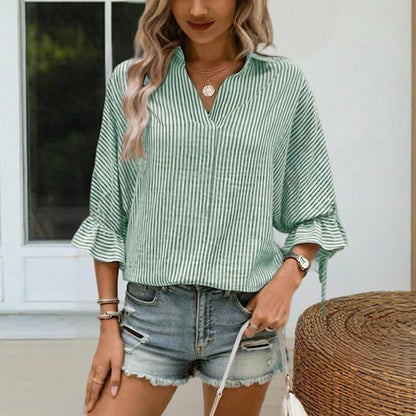 Women’s Striped V‑Neck Blouse with Ruffled Cuffs & Tie‑Back Slit