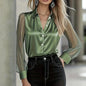 Women's Elegant Satin Blouse With Mesh Sleeves