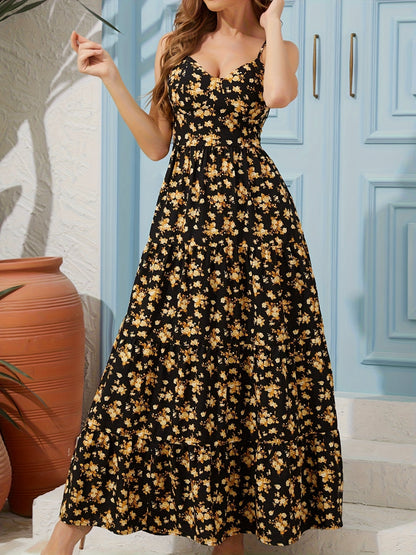 Women’s Floral Backless Maxi Dress – Strappy Dress with Bow & Flowy Skirt
