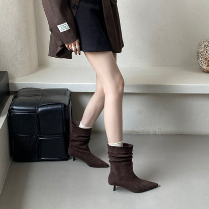 Pointed Toe Mid-Calf High Heel Boots for Women
