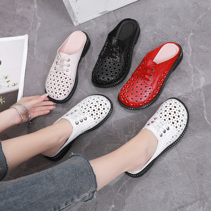 Cave shoes real leather flat heel thick sole hollowed out sandals women's slippers round toe