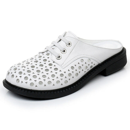 Cave shoes real leather flat heel thick sole hollowed out sandals women's slippers round toe
