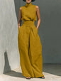 Women’s Cotton Linen Two-Piece Set – Sleeveless Top & Wide-Leg Pants
