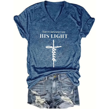 Women's V-Neck T-Shirt Geometric Cross Casual Summer Short Sleeve Top