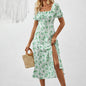 Square Neck Floral Print Dress With Puff Sleeves & Side Slit Maxi Dress