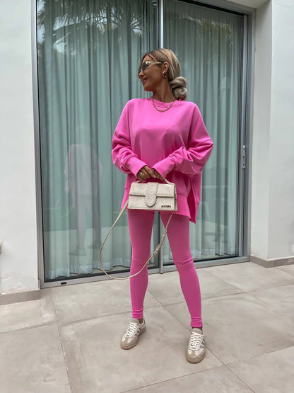 Women’s Casual Sweater Suit – Loose Split Top & Fitted Trousers Set