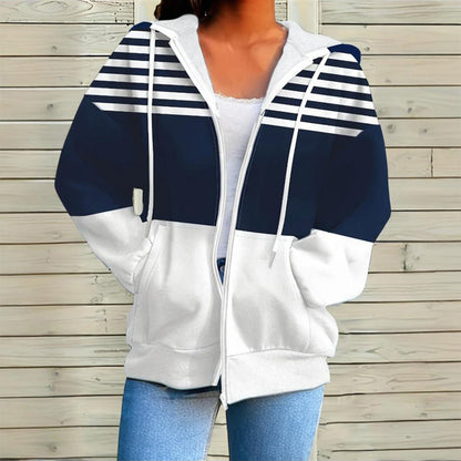 Plus Size Color Block Hoodie – Women’s Casual Zip Sweatshirt