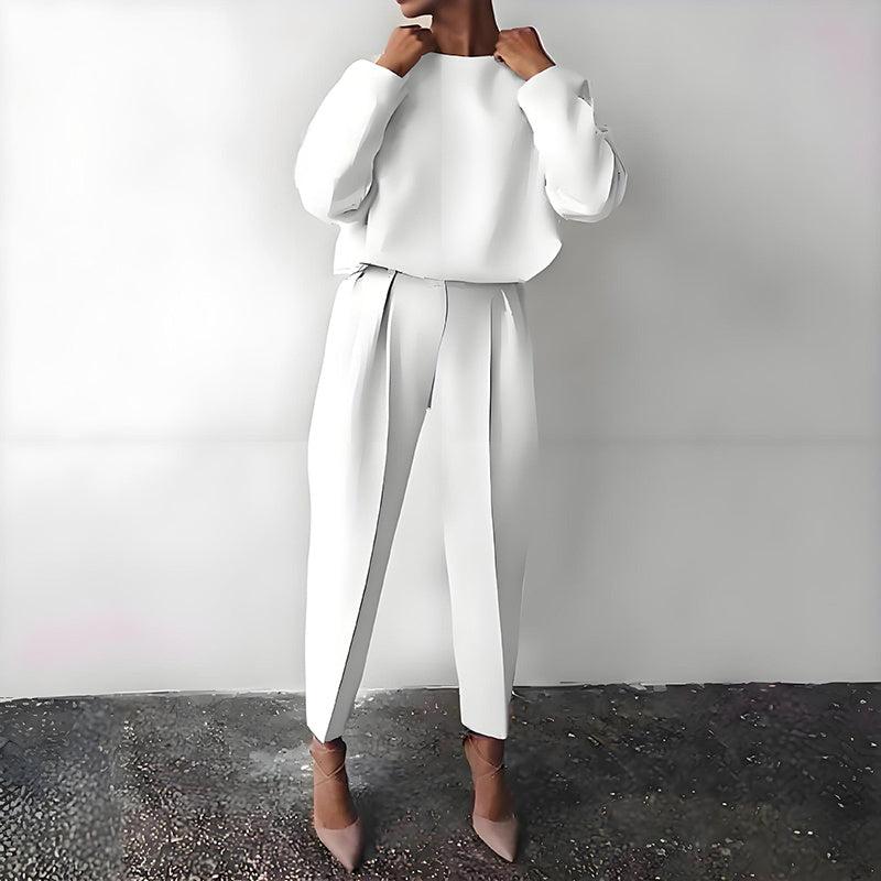 Women’s Solid Color 2-Piece Set – Long Sleeve Top & Pleated Pants Loungewear