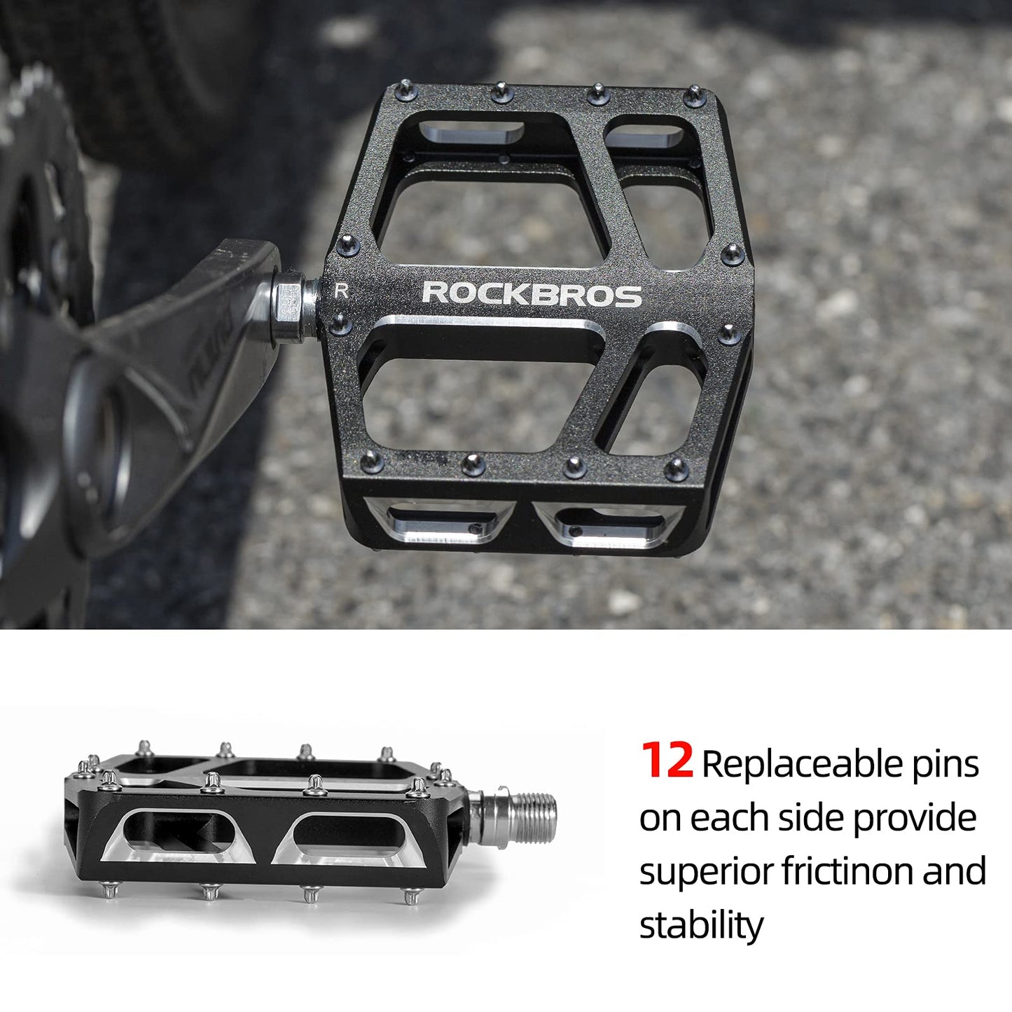 ROCKBROS Aluminum Wide Platform Mountain Bike Pedals with Grippy Pins
