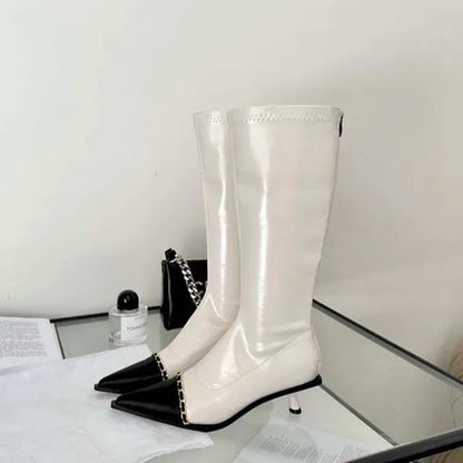 Pointed Toe Women Knee High Boots Black White Sock Booties Thin Mid Heels   New Arrivals Ladies Party Pumps Dress Shoes Woman