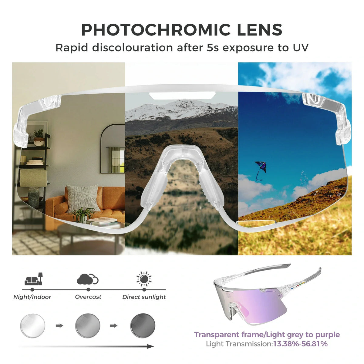 BOUNDLESS Three Lens Photochromic Cycling Sports Sunglasses