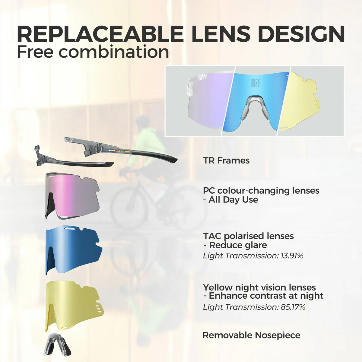 BOUNDLESS Three Lens Photochromic Cycling Sports Sunglasses
