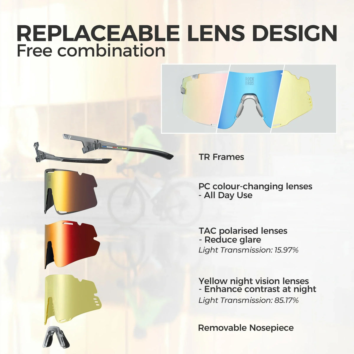 BOUNDLESS Three Lens Photochromic Cycling Sports Sunglasses