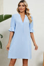 Solid color V-neck loose pleated five quarter sleeve dress for women