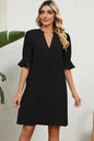 Solid color V-neck loose pleated five quarter sleeve dress for women
