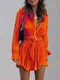 Women's new shirt collar fashionable women's elastic waist pleated long sleeved lace up dress